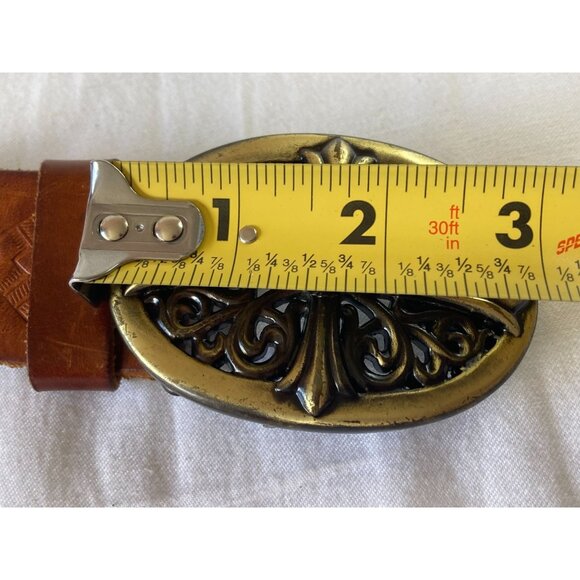 Linea Pelle Women's Belt Medium Brass Buckle Studs Tooled Leather Boho Western - Picture 11 of 13